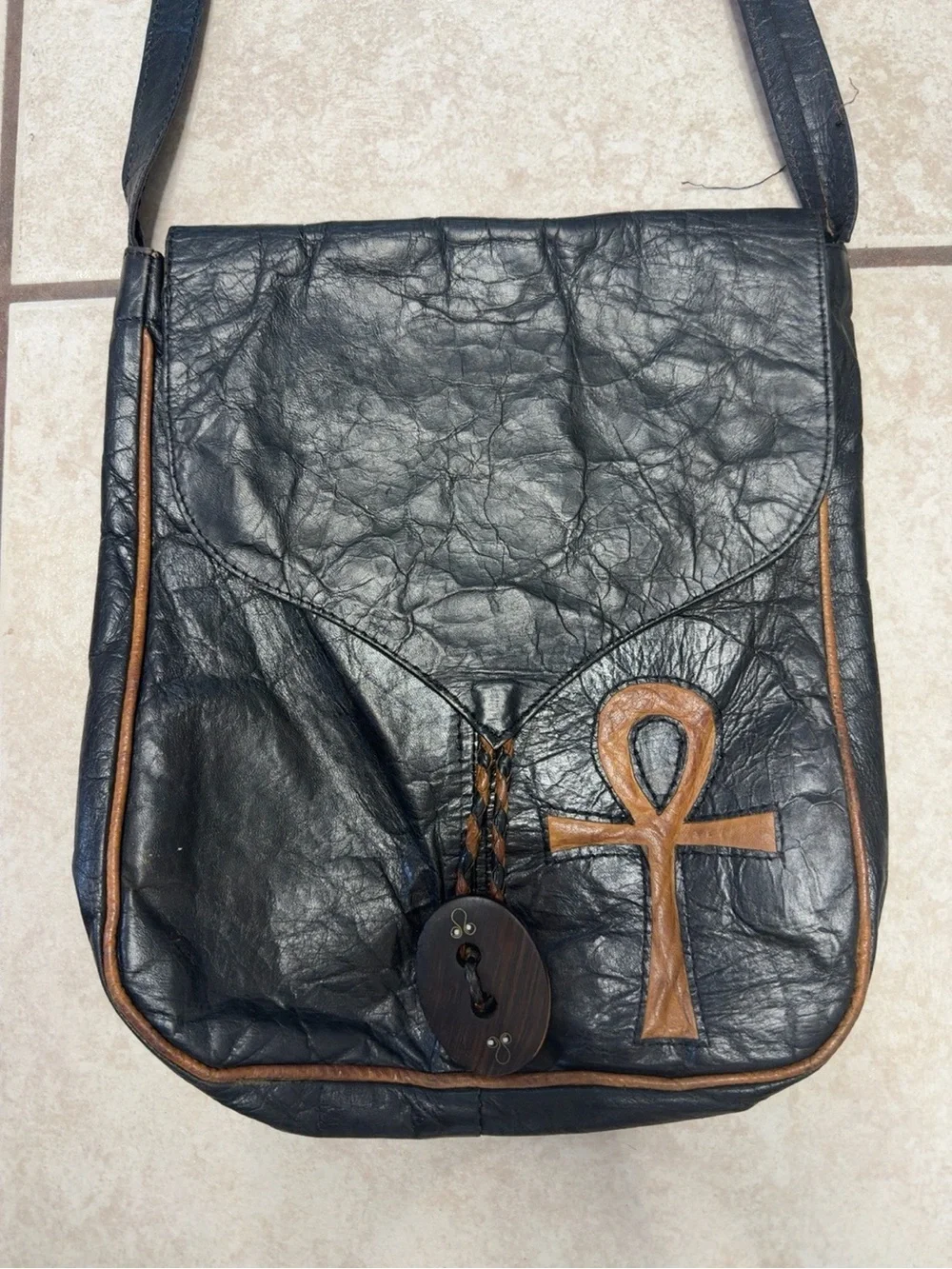 Handcrafted African Leather Ankh Crossbody Bag Boho Artisan Mali